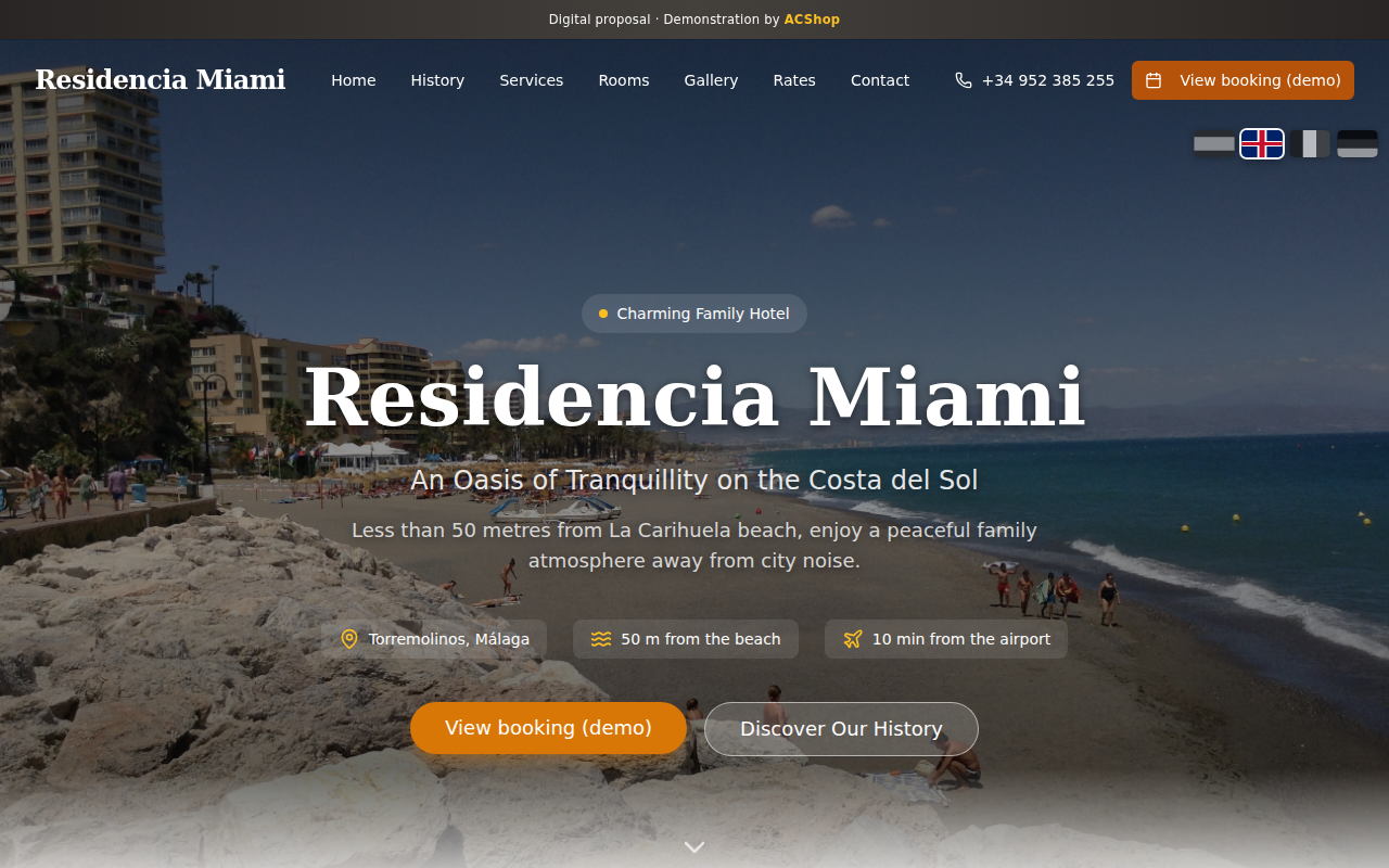 Portada de la propuesta web de Residencia Miami con vista de la playa La Carihuela